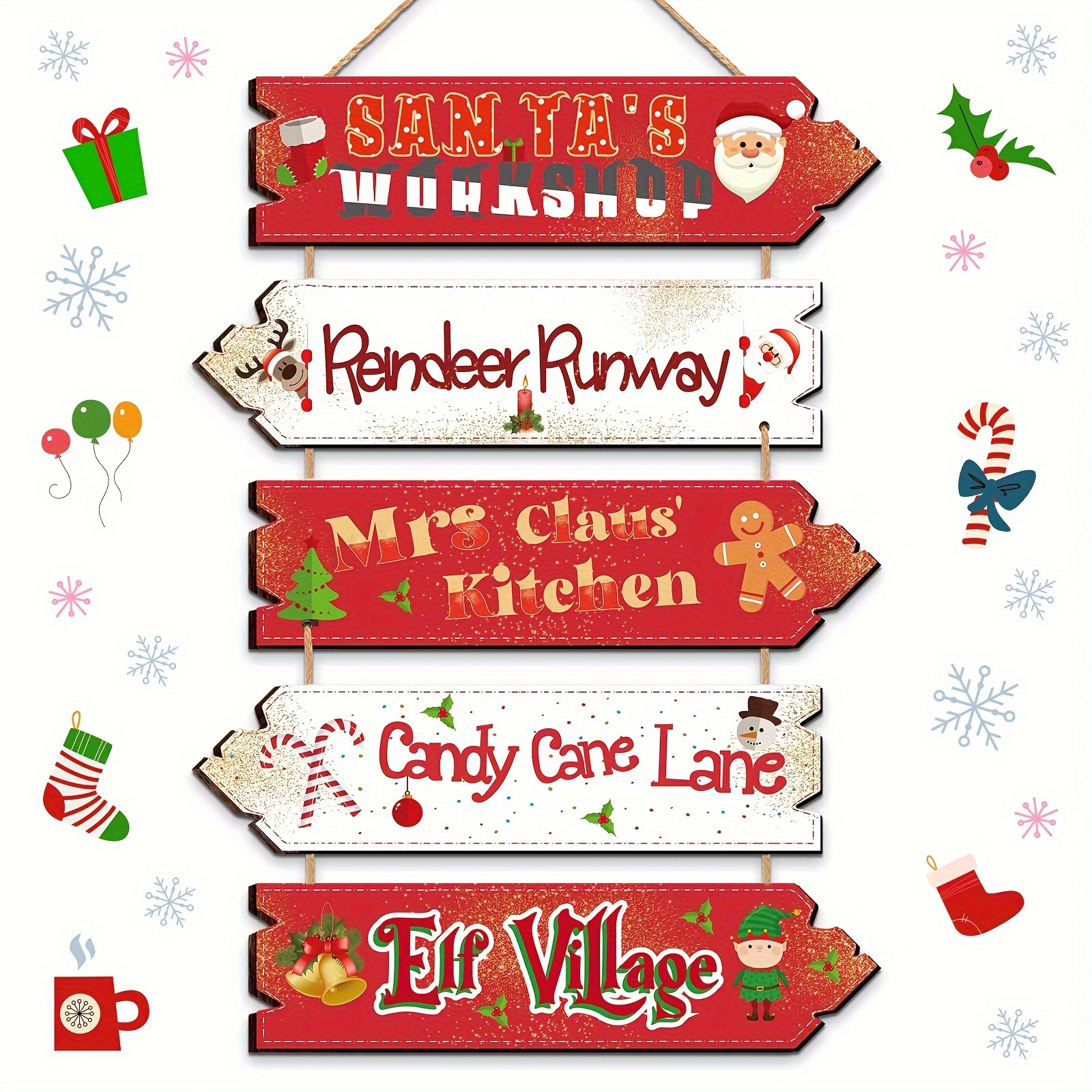 TEMU Christmas Wooden Hanging Arrow Signs, Rustic Indicator Plaques, Gingerbread Wooden Signs, Red Santa Claus Workshop Signs, Wall Hanging