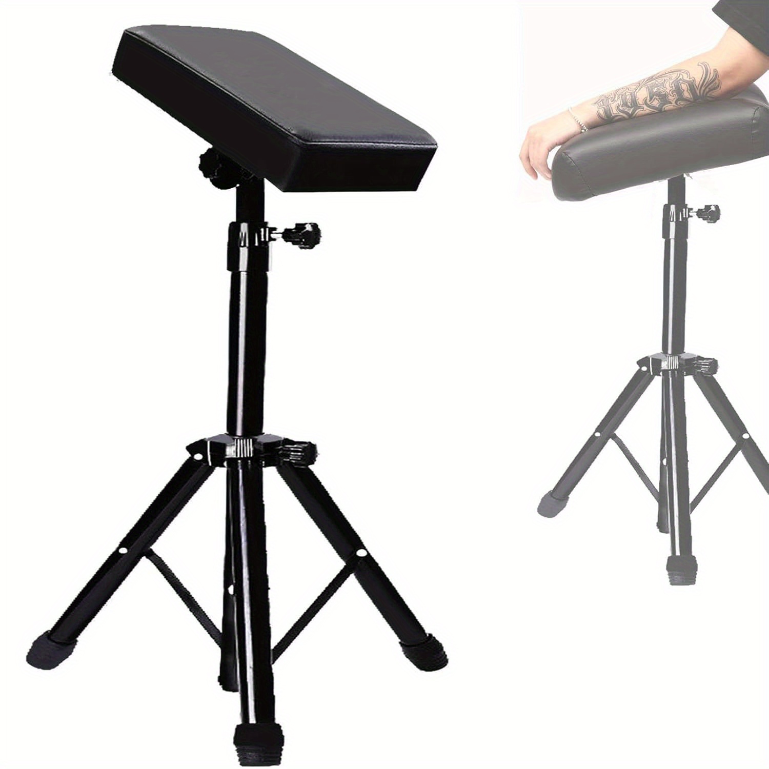 E-shop Tattoo Arm Ständer – Faltbarer Tattoo Armlehne aus Edelstahl mit verstellbarer Höhe und Winkel, mit einer schwarzen Lederunterlage;