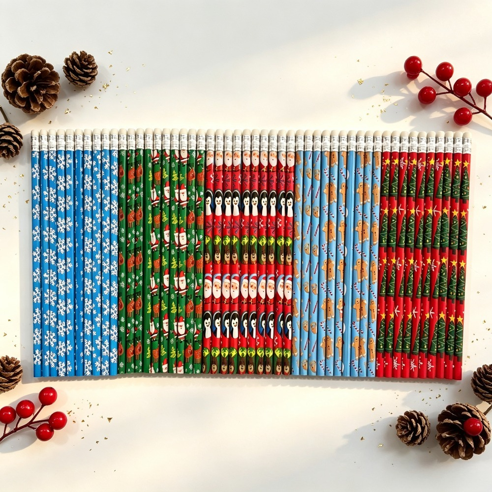 TEMU 50 piezas de lápices de madera con temática navideña, lápices estampados festivos, accesorios de regalo navideño para vajilla de , juego de