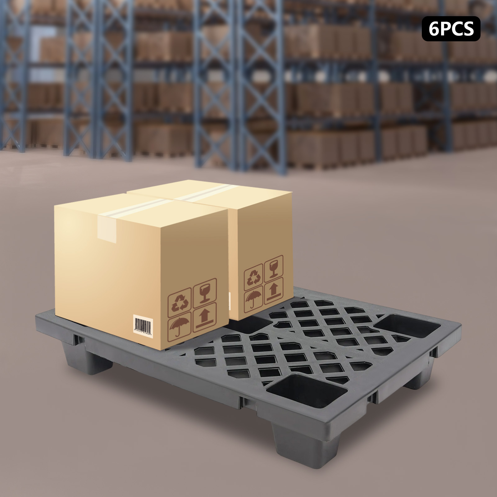 TEMU Juego de 6 paletas de plástico negro diseñadas para garajes y sótanos, con rejillas transpirables y una estructura resistente a la humedad