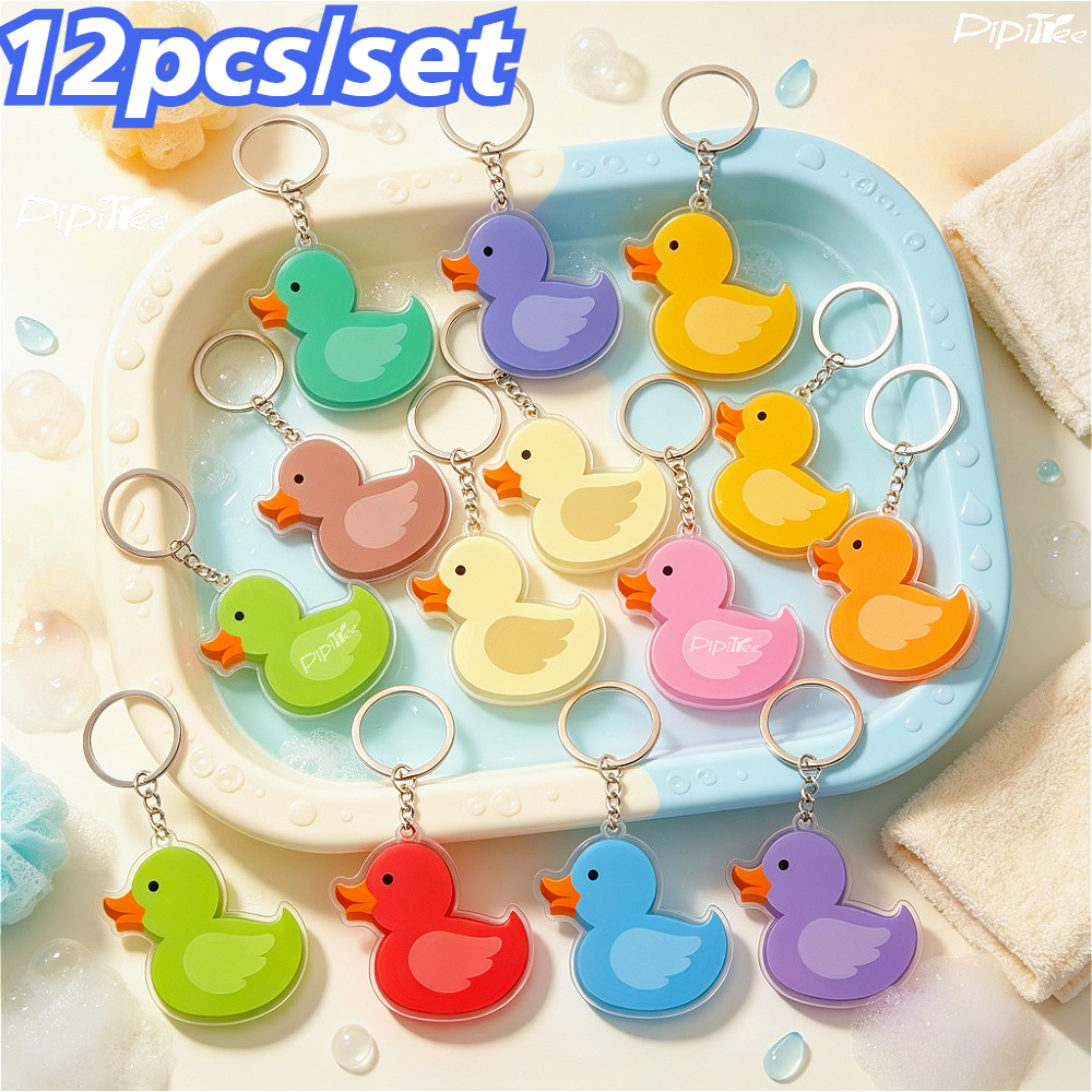 TEMU Platte 2D set van 12 kleurrijke rubberen eendjes sleutelhangers, trendy rugzakbedels, autosleutelhangers, eenvoudige en leuke 2D dierenbedels,