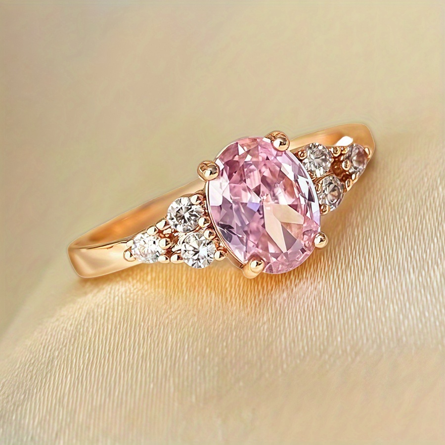 TEMU Anillo de Zirconia Sintética Rosa Elegante en Corte Ovalado - Oro , Joyería para Mujeres, Regalo Ideal para y Fiestas, Accesorio Diario