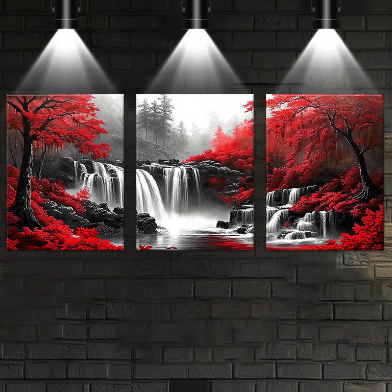 TEMU 2d Flat, 2d Flat, 2d Flat 3pcs Framed Canvas Wall Art Set - And Waterfall Landscape Oil Painting With Hook, Ready To Hang - High-quality Canvas