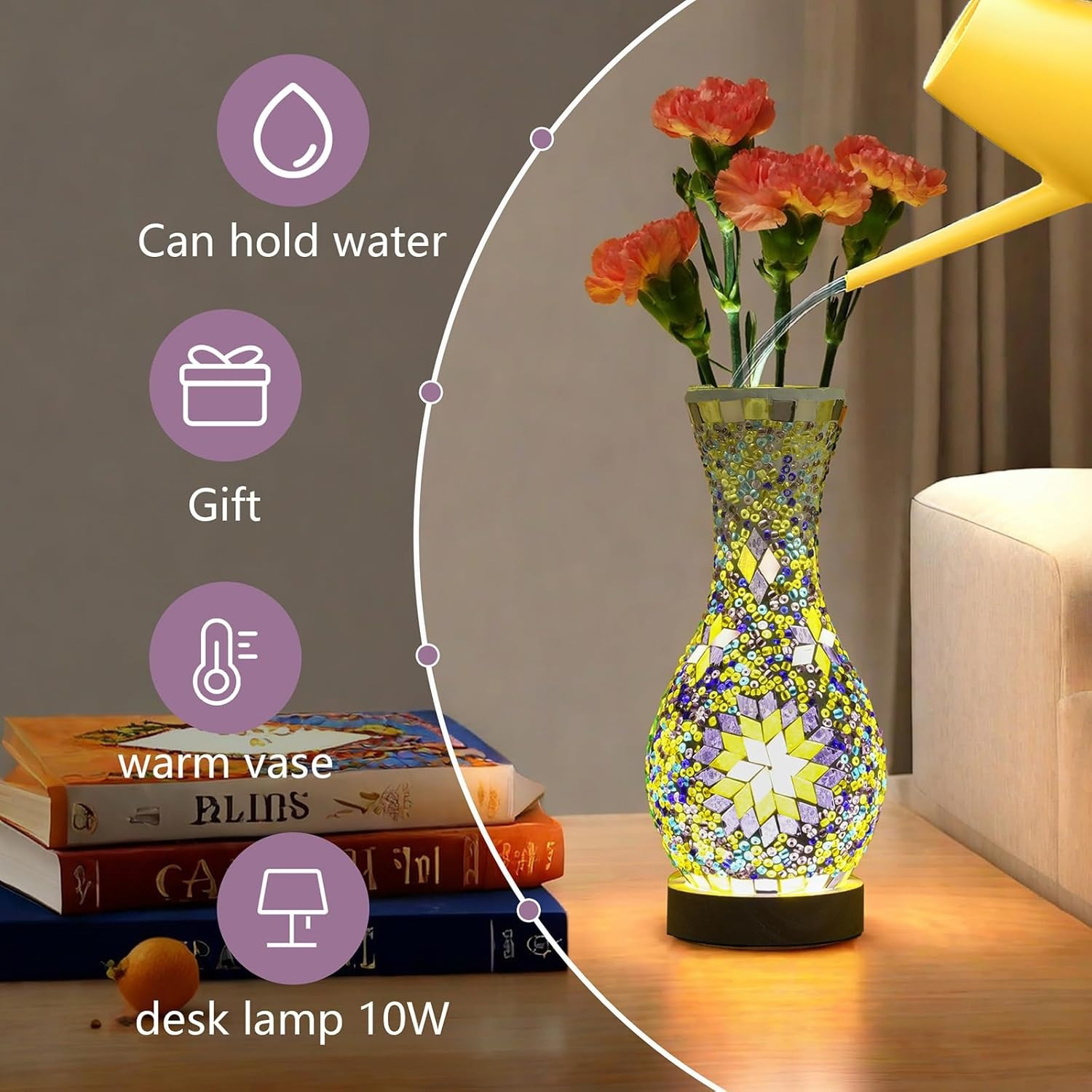 Mosaic Vase Lamp, Turkish Moroccan Table Lamp, Handmade Colorful Glass Vase Wooden Base USB Plug, Decorative Light for Bedroom Living Room Flower Holder for Home Decor
