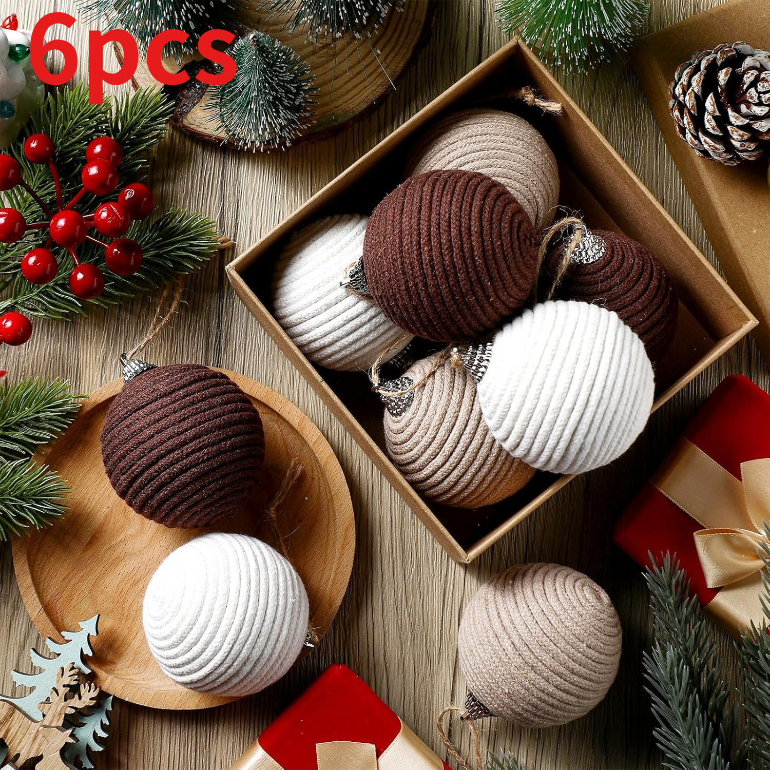 TEMU Lot de 6 boules de Noël bohèmes de style ferme - Boules suspendues rustiques adaptées pour décorations de sapin de Noël, couronnes, guirlandes,