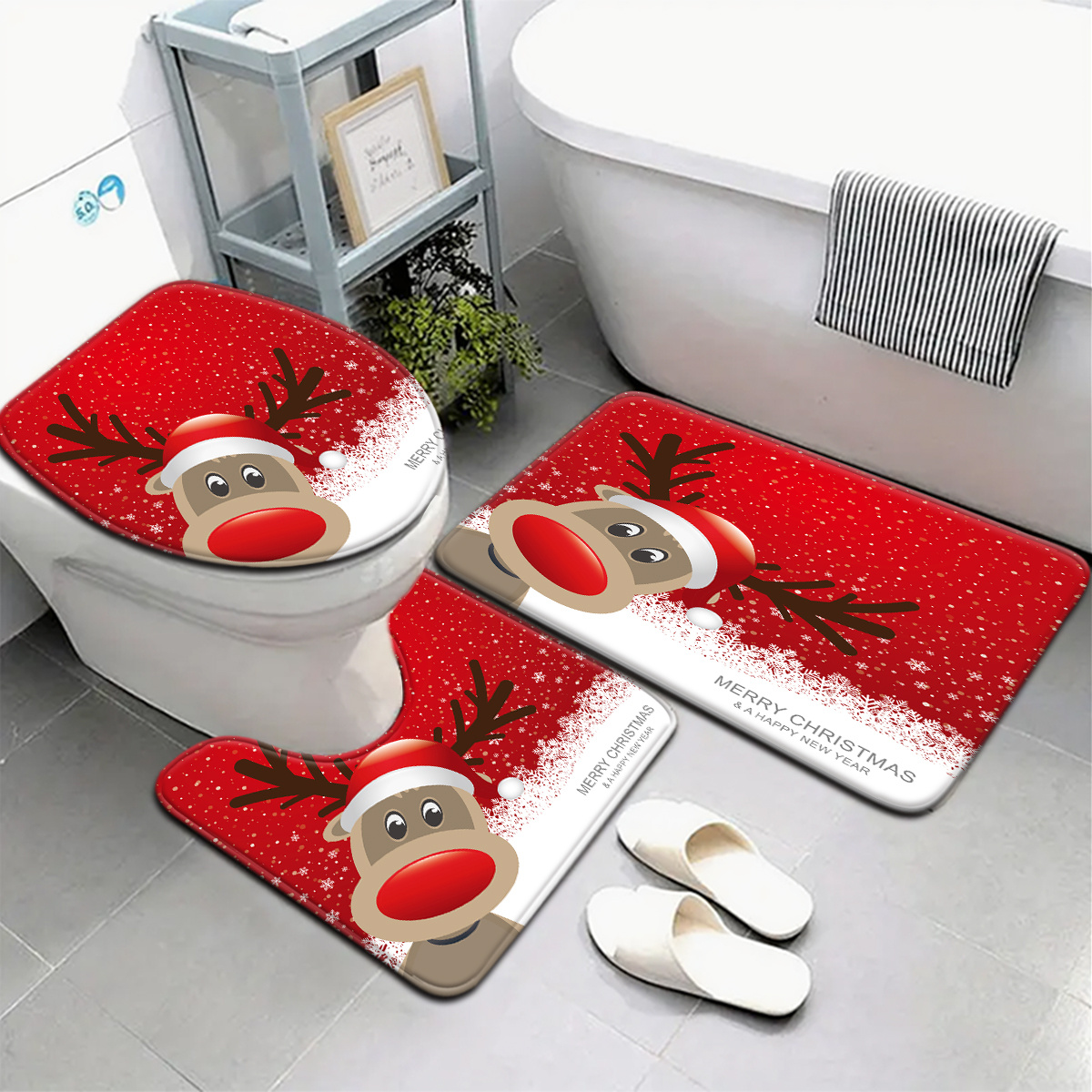 3pcs/4pcs Christmas Red Background Snowflake Reindeer Pattern Bathroom Mat Set, Including Toilet Seat Cover And Carpet, U-shaped Foot Mat For Bathroom Decoration