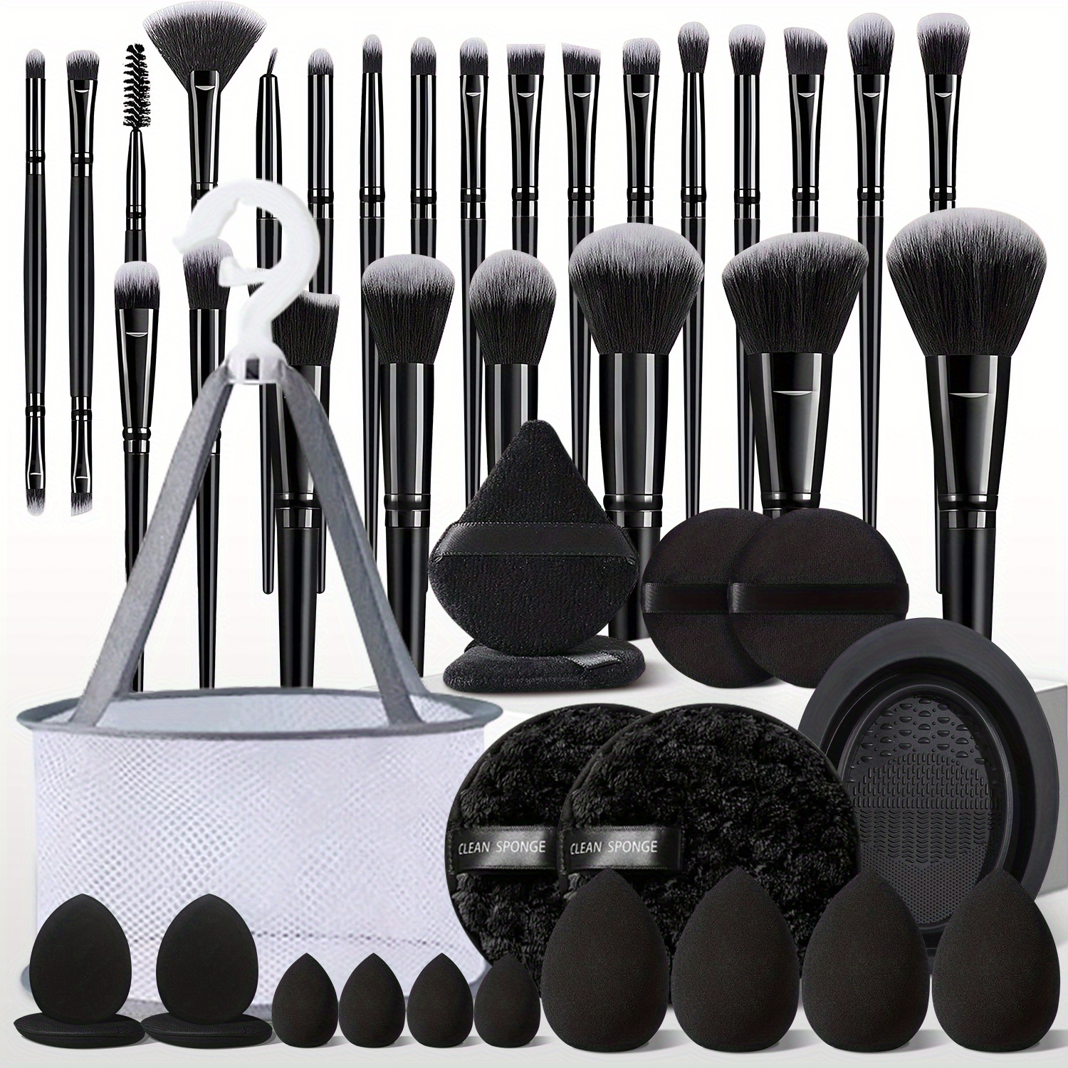 45  vegan makeup brush set with mini and standard makeup sponges     mini thumb   cleaning sponge hanging mesh rack basket cleaning brush multi functional kit for powder concealer sensitive light beige black