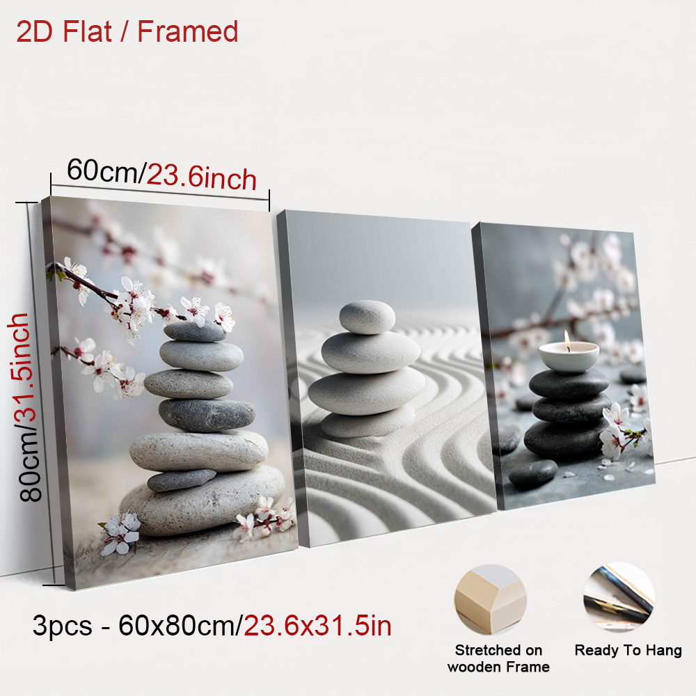 TEMU 2d Flat, 3pcs Framed Calm Stones Art Prints Poster, Branches Canvas Painting, Candle Glow Wall Decor, Classic Wall Arts, Retro Wall Decorations