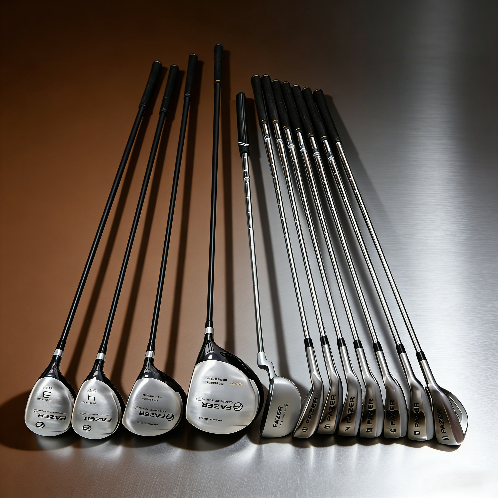 Fashion Black Silvery FAZER Golf Full Set Clubs, 12pcs: 4 Wood, 7 Iron, 1 Putter, High Launch Trajectory, Easy to Hit, Professional Clubs for Training and Competition, No Bag Included