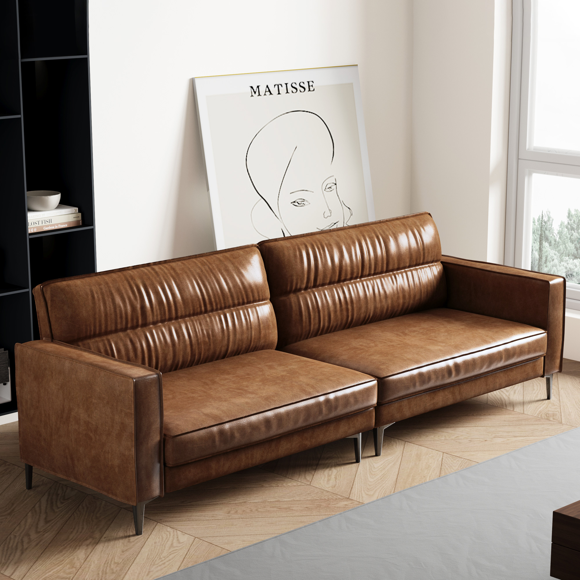   century 3 seater leather sofa 86 61 vintage   with removable backrest cushions metal legs ideal for living room office or apartment brown