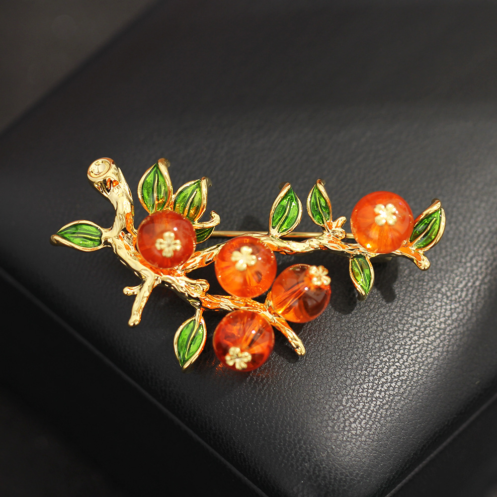 1pc Persimmon Branch Brooch | Golden-tone Enamel & Resin | Women's Fashion Jewelry | Autumn Winter Daily Party Accessory