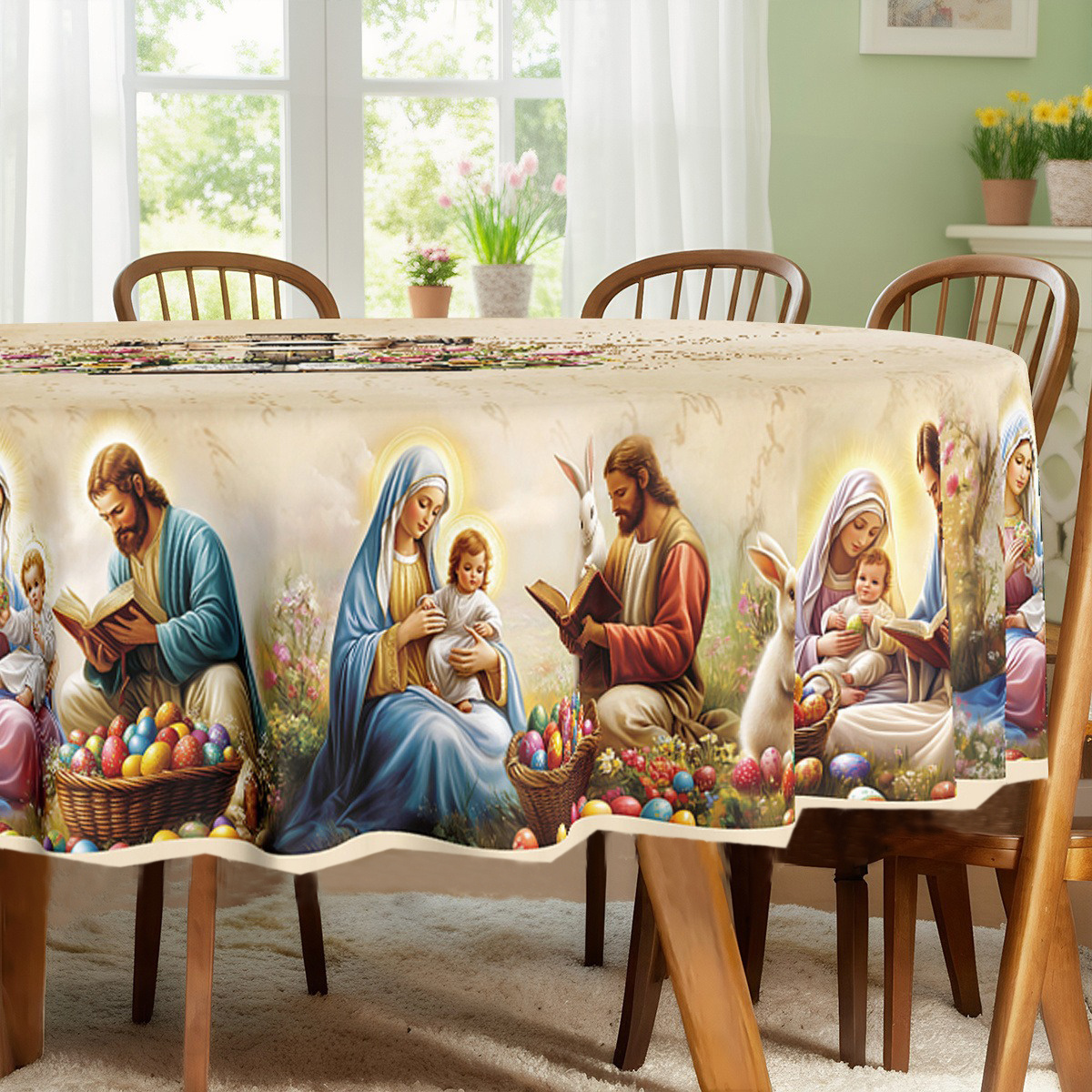 item picture a tablecloth themed for easter featuring a vintage spring and summer design with rabbits   of colorful eggs and floral prints   in rectangular or round shapes suitable for indoor and outdoor dining picnics dinners