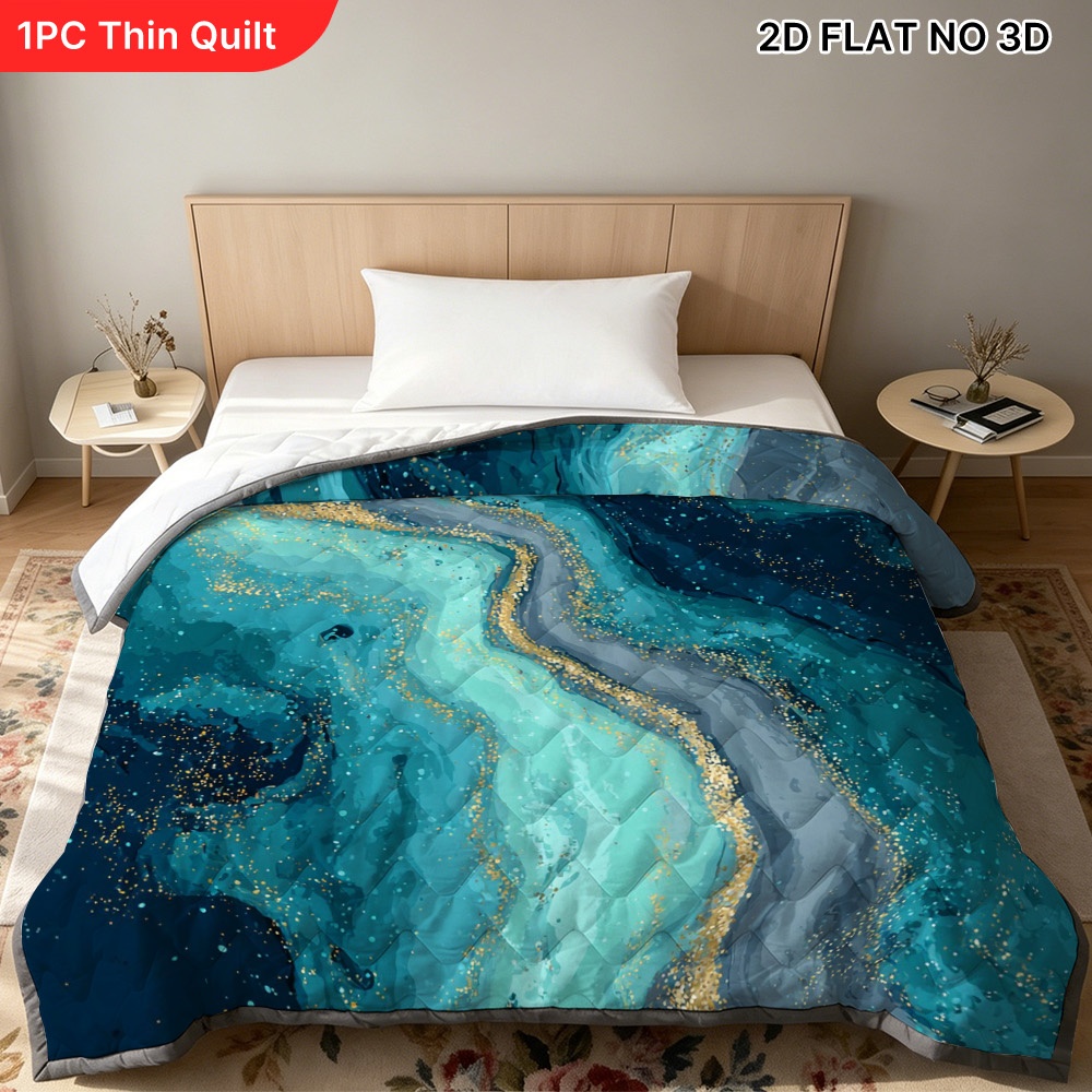 TEMU (2d Flat) 1pc Cooling Summer Quilt With Teal Blue Golden Abstract Swirl Illustration, Breathable And Soft, Ideal Summer Bedding, Fits Beds,