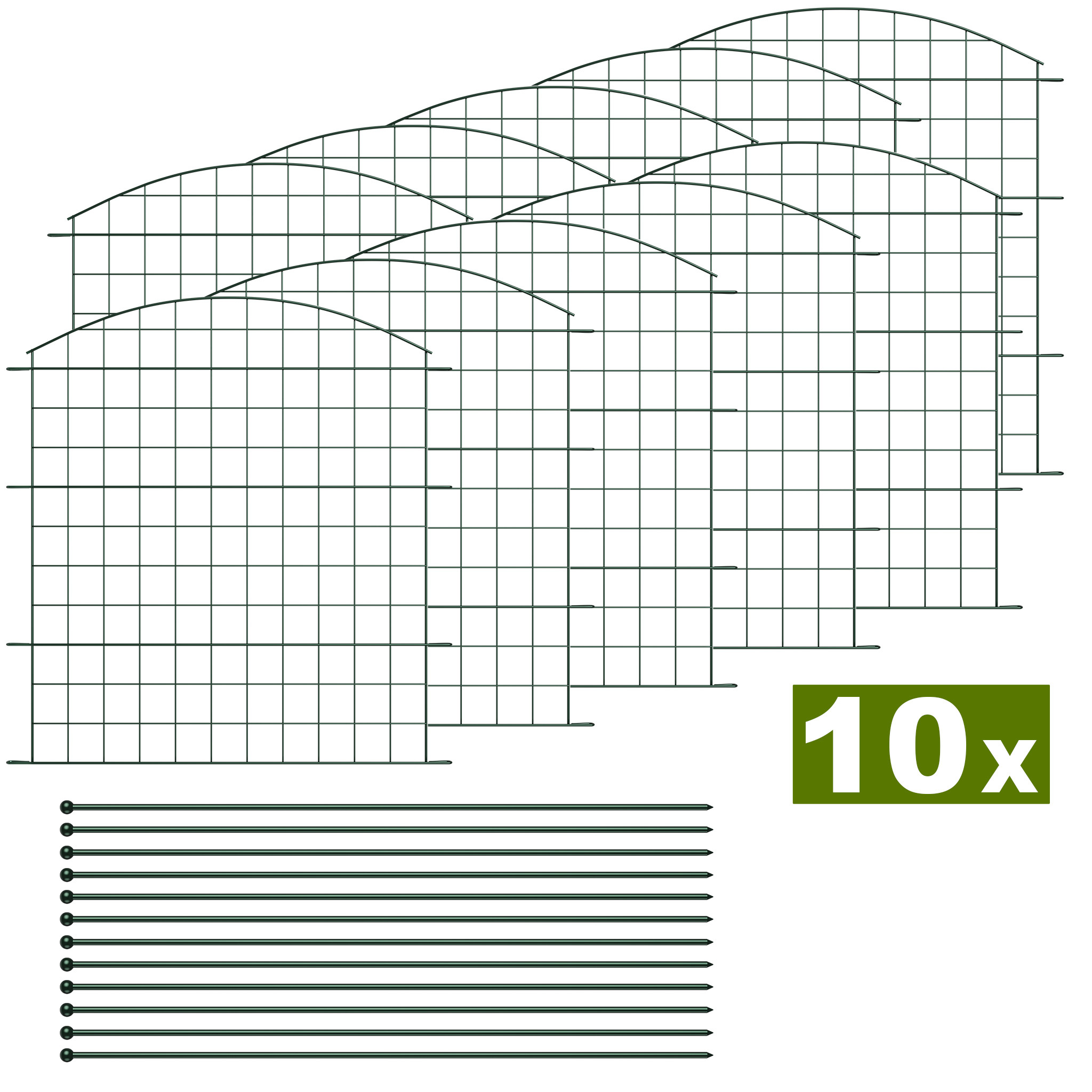 Image of [2d Flat] Garden Fence Metal Steck Fence Set, 10 Panels With 12 Fixing Rods, Decorative Animal Barrier Fence For Garden, Pond & Yard, Green/black