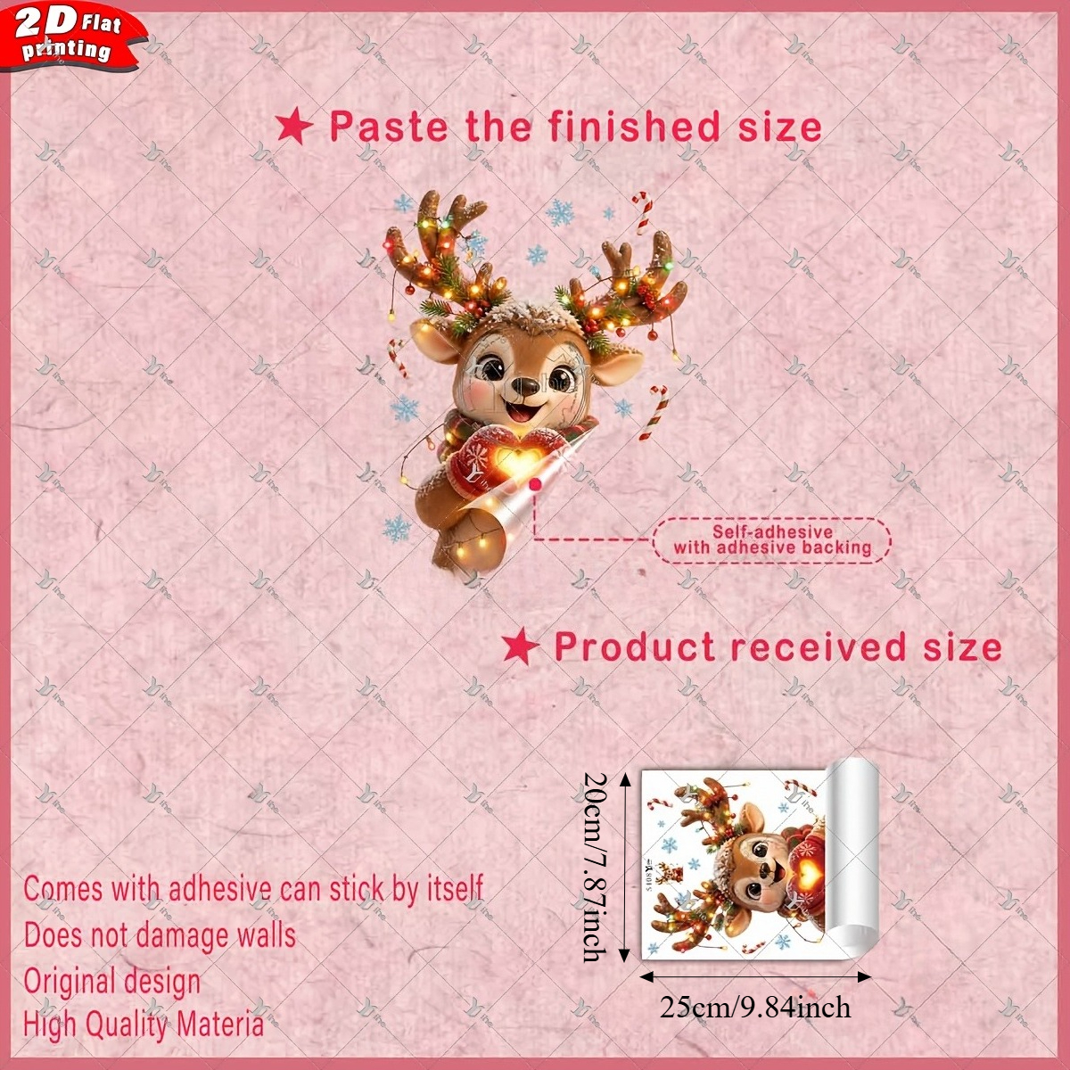 TEMU Adesivo per finestra 2D piatto, con stampa 2D piatta di natalizio con a cuore, con un con corna avvolte intorno a luci e che formano un cuore,