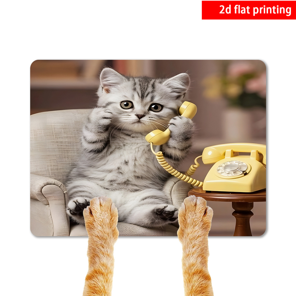 TEMU 2d Flat Printing, 1pc, Cat-patterned Pet Feeding Mat, Printed With A Cat Making A Phone Call, Non-slip Rubber Material, Suitable For Indoor And