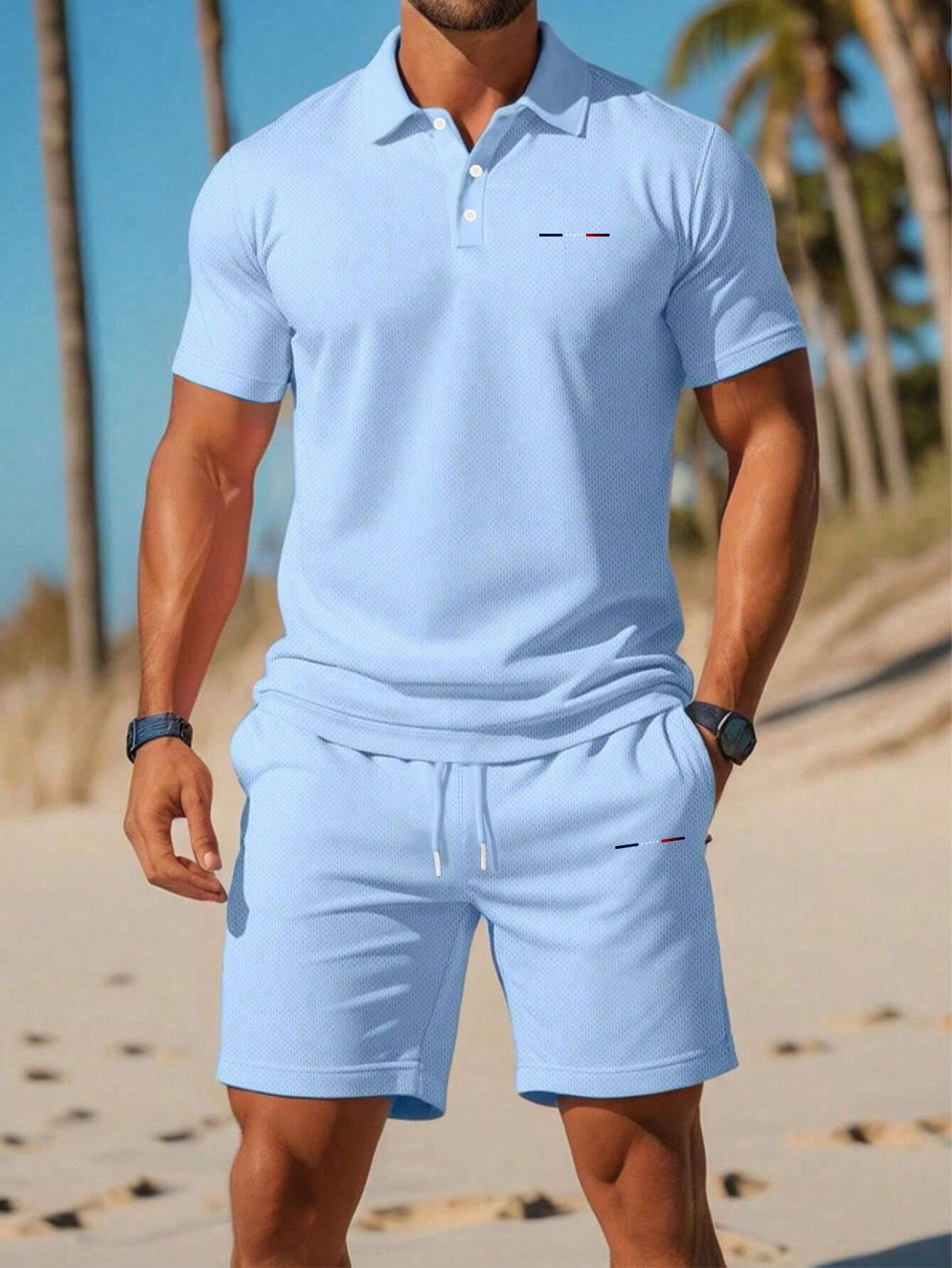 Men'S Summer Polo Shirt Sports Casual Outfit, Featuring a Short-Sleeve Collar Design And Pocketed Belt Shorts, Perfect for Outdoor Leisure And Beach Relaxation
