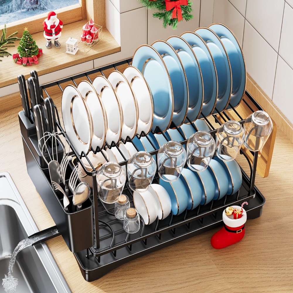 TEMU 2-tier Heavy-duty Stainless Dish Drying Rack With Drain Pipe - Large Capacity Double Layer Dishwasher Suitable For Kitchen Counter, Space-saving