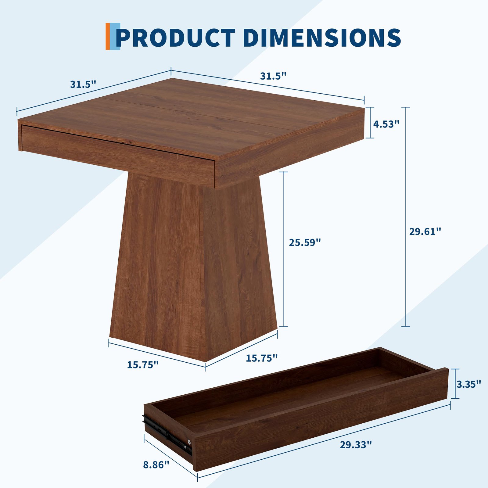 Image of 31. 5-inch Square Farmhouse Dining Table With 2 Built-in Storage Drawers, T-shaped Wood Kitchen Table For Apartment