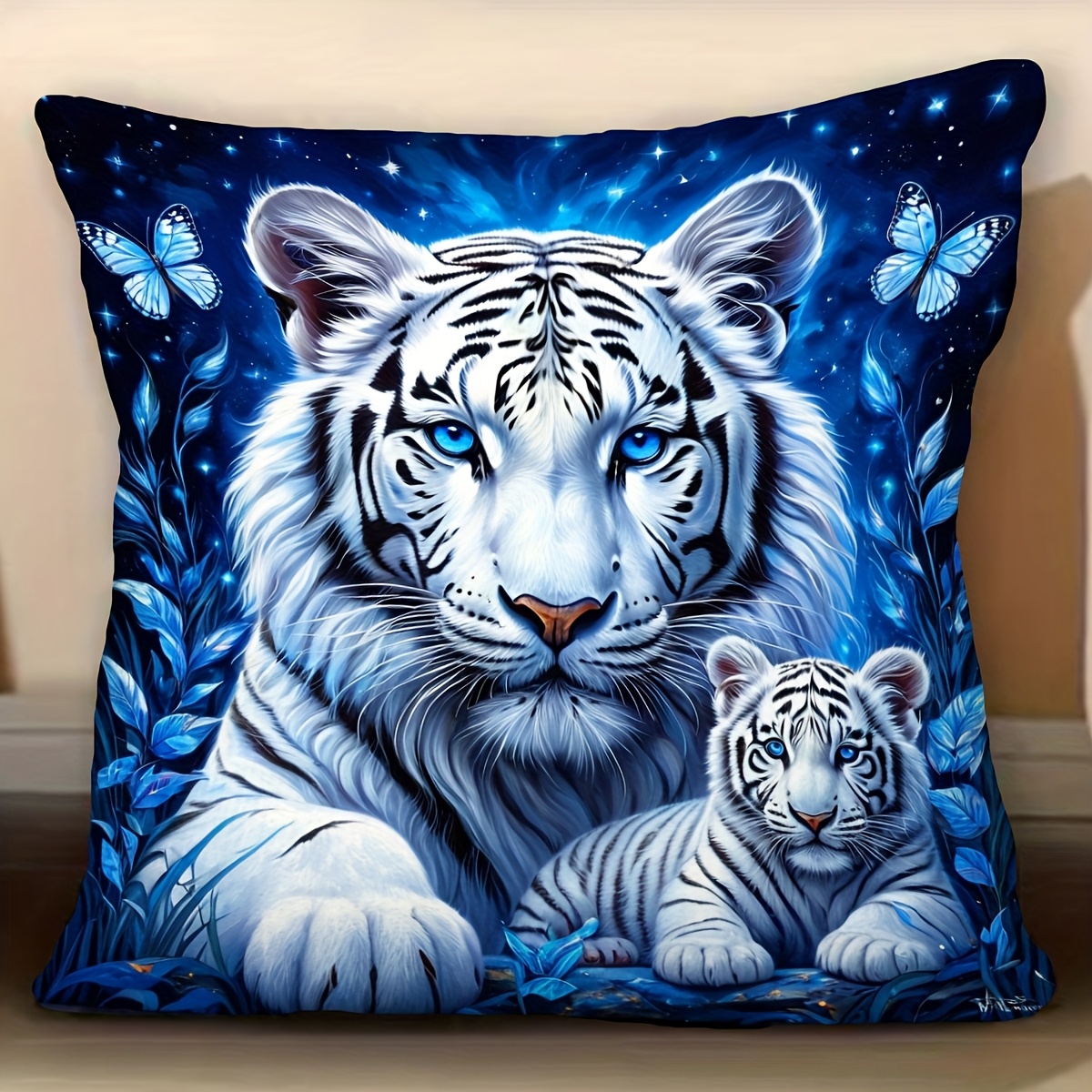 TEMU 1pc Tiger With Pillowcase Suitable For Home, Sofa & Bed - Soft Polyester Decorative Cushion Cover With Zipper Closure, Tiger Face Print, Machine