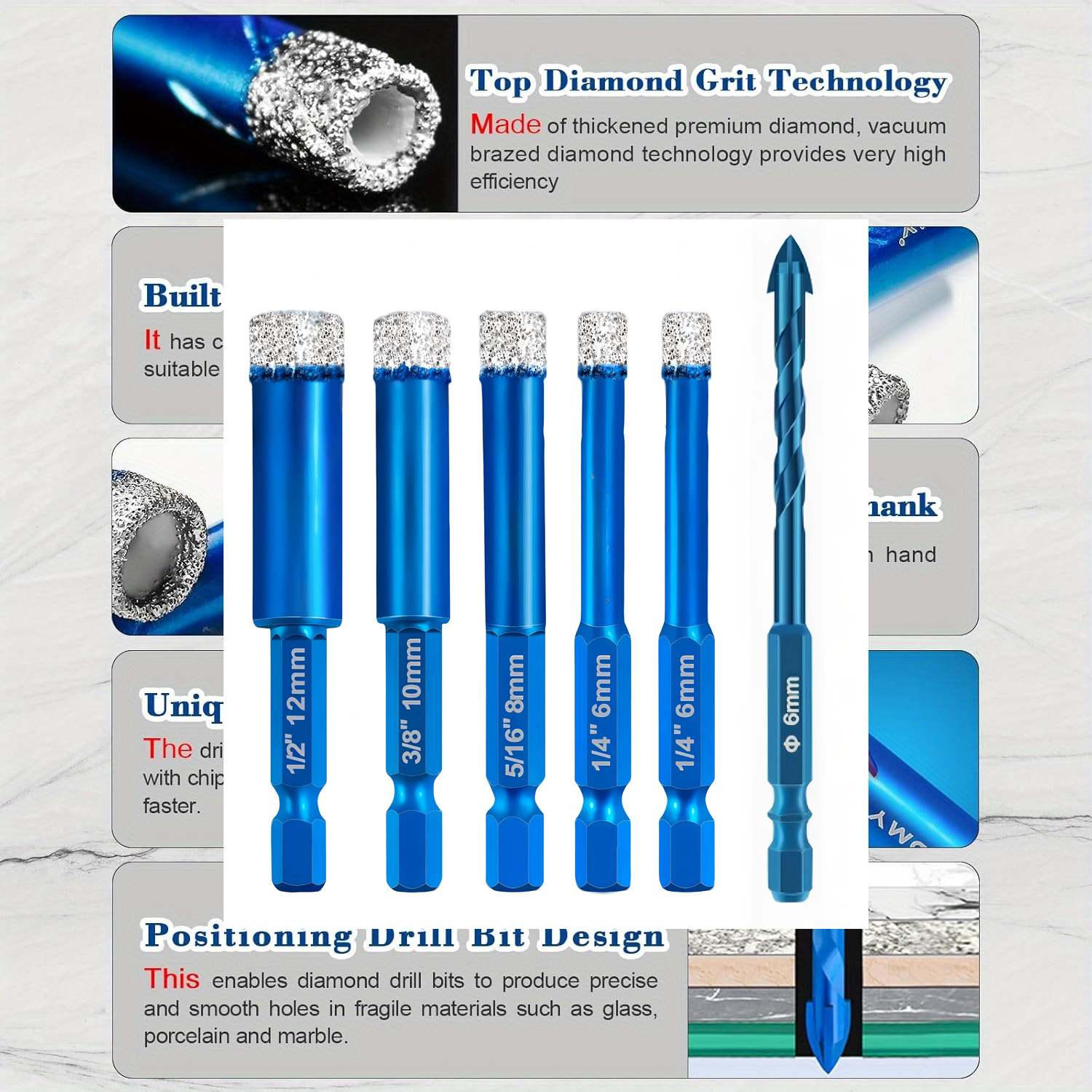 TEMU 6pcs Drill Bit Tile Drill Glass Drill Set[6, 6, 8, 10, 12 Mm] With 6mm Drill Drill Bit Hard Tiles Ceramic, Porcelain Stoneware, Marble And