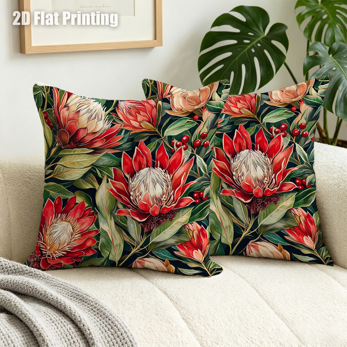 TEMU 2d Flat 2pcs Vibrant Watercolor Floral Cushion Covers, Double Prints Red And Greenery Botanical Design, For Room, Farmhouse Bedroom, Boho Style