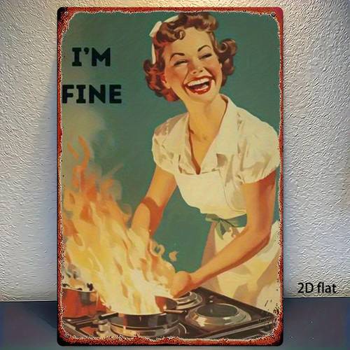 2d flat 1pc metal sign retro kitchen funny tin sign woman cooking fire creative decoration suitable for home bar restaurant retro hanging painting flat printed square iron painting 8x12 inches 20x30 cm