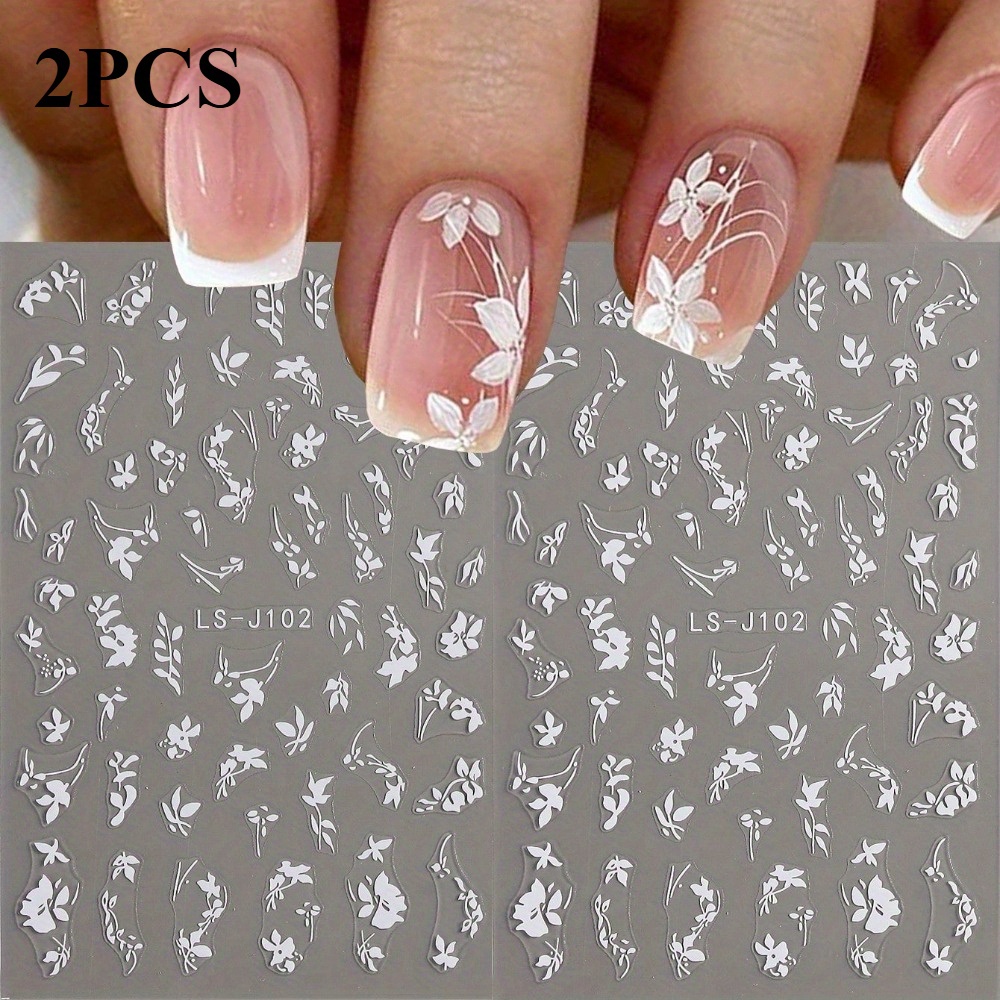 2pcs Elegant Floral Nail Stickers - Self-adhesive 3d Flower Nail Art Decorations, Small Leaf & Designs For Diy Manicure, Wedding, Party - Easy Application No Glue Needed, Salon & Home Use
