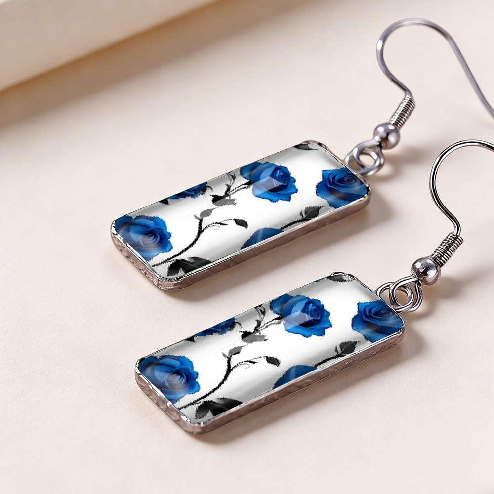 1 Pair of Rectangular Dangle Earrings with Rose Patterns
