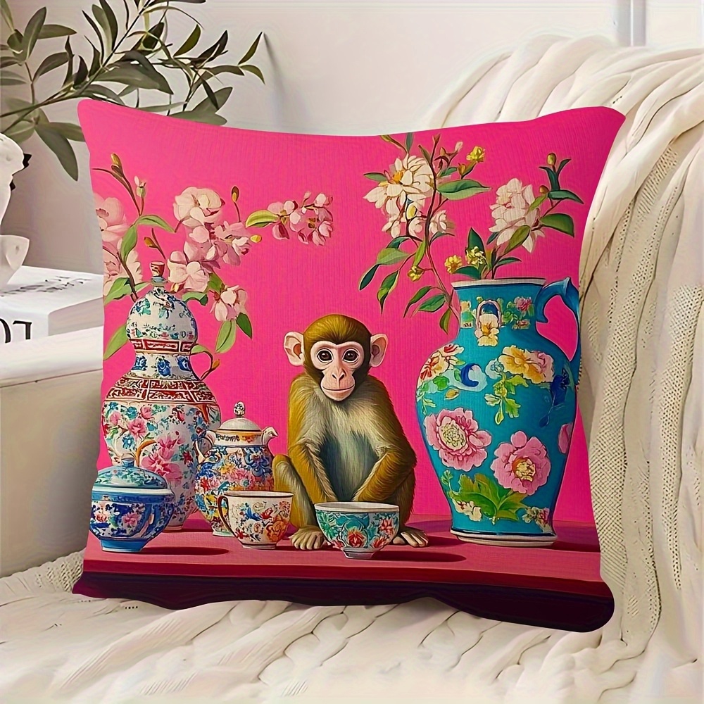 TEMU 1pc Colorful Vase And Teacup Patterned Monkey Pattern Pillowcase, Double-sided Printing, 18x18 Inches, Zipper Closed, Machine Washable, Suitable
