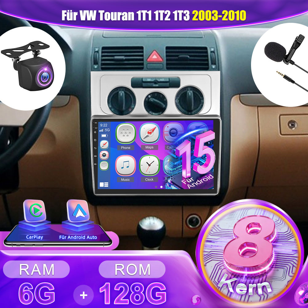 Image of 8core 6gb+128gb 15 Radio For Vw 1t1 1t2 1t3 2003-2010 Radio Car Stereo With Auto, 9 Inch Ips Touch Screen Radio With Navi, Wifi, Eq, Swc, Fm Rds Radio With Hd Camera & Mic