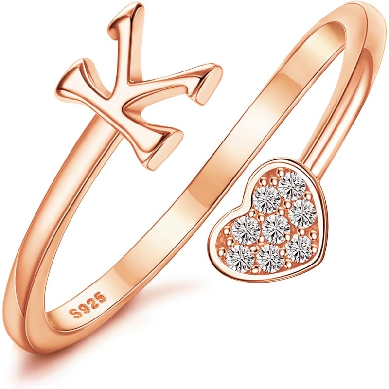 Image of 1pc 925 Sterling Silver Initial Rings For Women Heart Letter Rings Adjustable Letter Ring Stackable Thumb Pinky Rings For Mothers Birthday Bridesmaid Gifts Jewelry