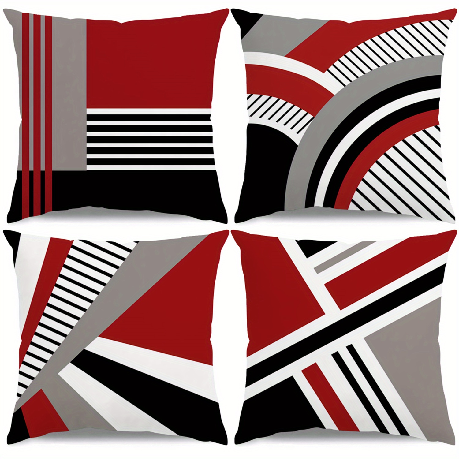 TEMU Geometric Striped Red Black Gray White Pillowcases, Set Of 4, Suitable For Sofas, Chairs, And Living Rooms