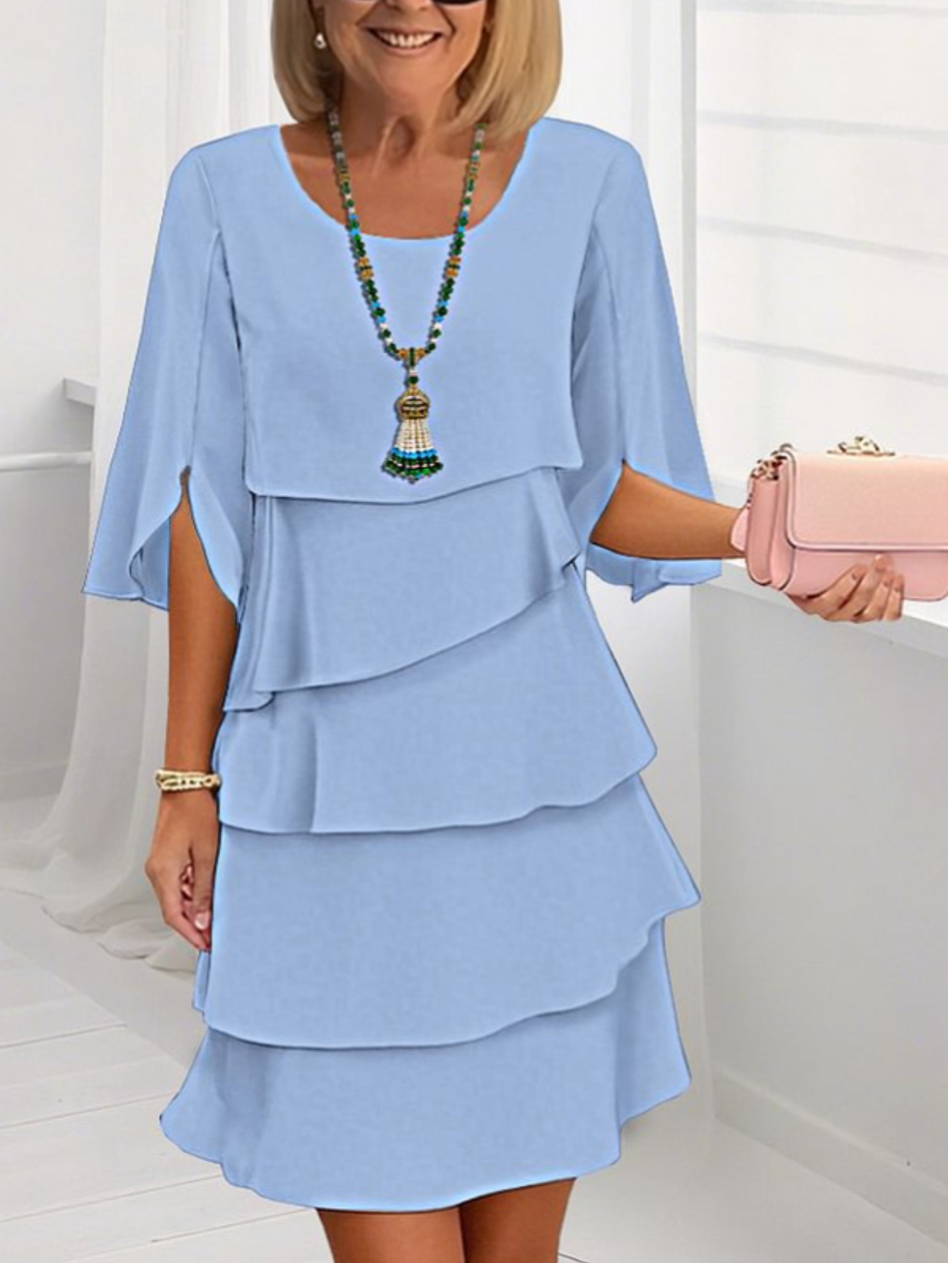knee length dresses for ladies Vintage Swiss Dot Tiered Dress with Cape Collar