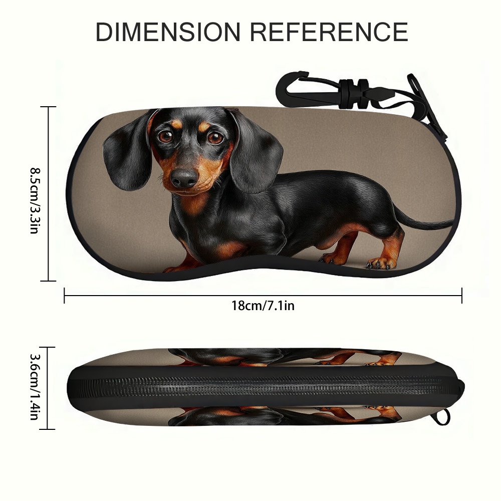 TEMU 1pc 2d Flat Black And Tan Dachshund Printed Zippered Glasses Box, Fashionable Polyester Eyewear Holder, Stylish Unisex Fashion Accessory