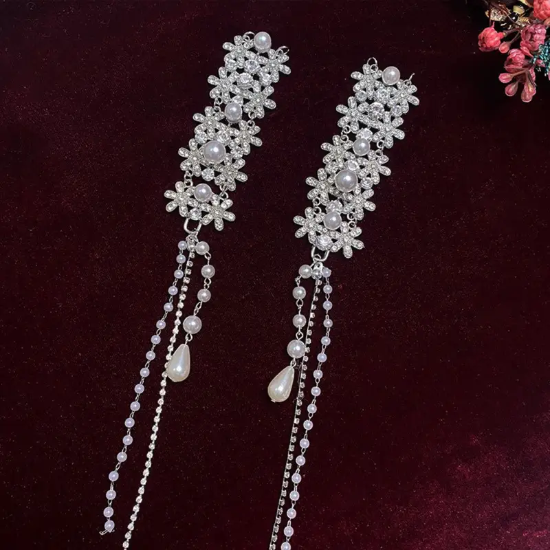 hairpiece elegant bridal hair accessory with sparkling rhinestones   pearls ethnic style tassel clip light   headwear for weddings wedding accessories Product details 3
