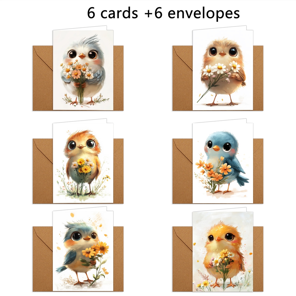 TEMU 1 Lot/12pcs/24pcs Cartes de Vœux, Cartes de Noël et de Fêtes avec Design d'Oiseau Cartoon Tenant un Bouquet, Enveloppes Incluses, Format Plié