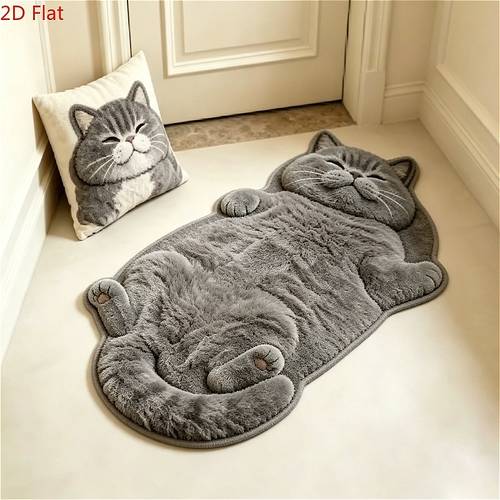 imitation cashmere 900g 9mm 2d flat with 3d effect not long pile cute and realistic soft plush cat shaped rug for bedroom decor creative gray entryway doormat fluffy and soft non slip rug for bedside or bay window