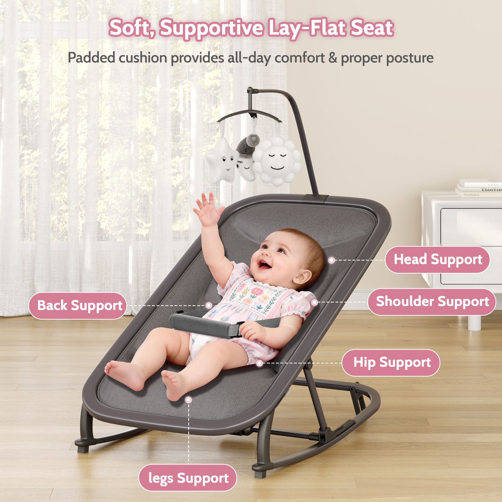 2-in-1 Collapsible Bouncer and Rocker Seat - Lightweight, Quiet, 3-Position Adjustable Cradle -No Assembly Needed, Portable Nursery Chair, Ideal for Showers
