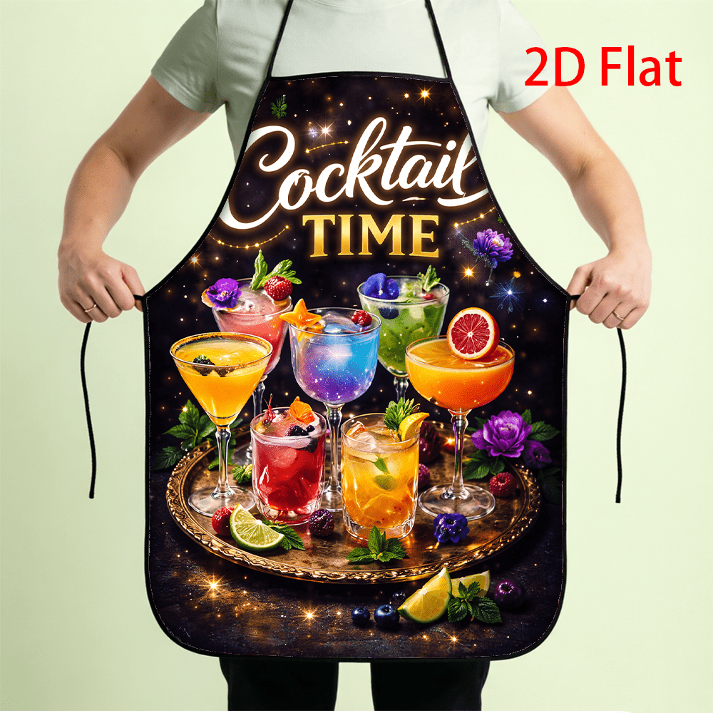 TEMU 1pc 2d Flat Printed Cocktail Time Apron Vivid Colorful Drinks Dark Background Bartender Chef Cooking Apron For Men Women Home Kitchen Baking