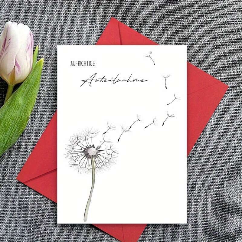 TEMU 1 German "sie Vermissen" Sympathy Card With Envelope - Hand-drawn Dandelion Art, Simple Black And , Suitable As A Bereavement Gift For Family, ,