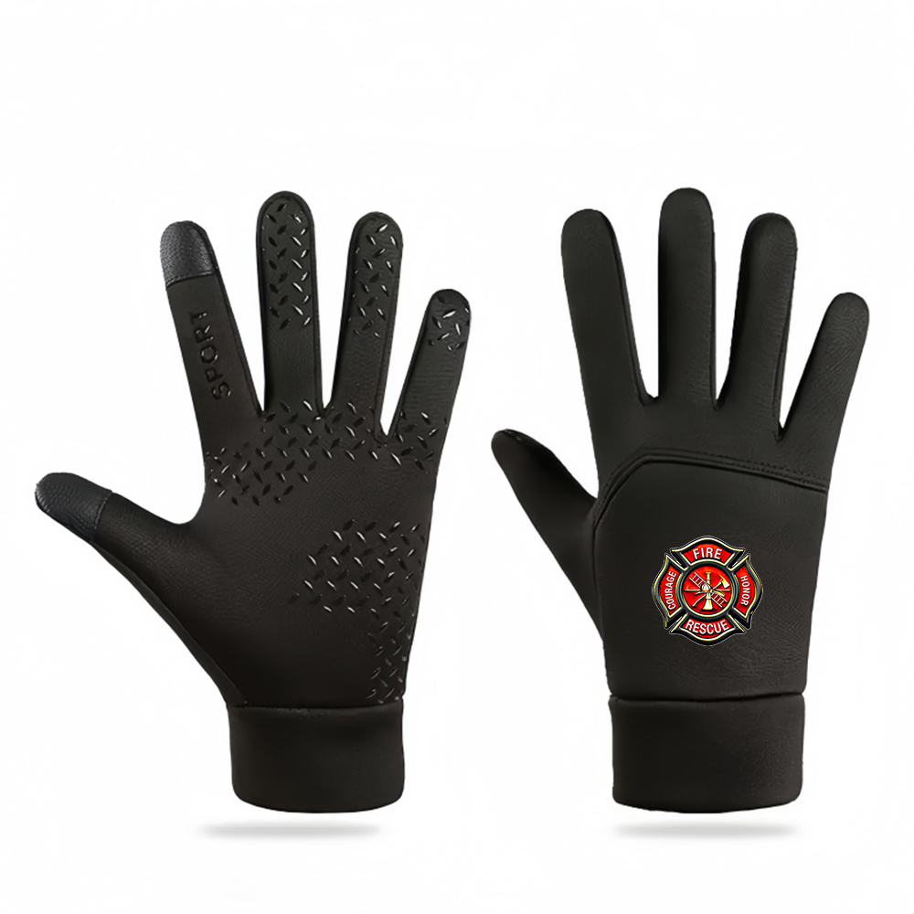 TEMU 1pc Fire Rescue Emblem With Symbols Men's Outdoor Gloves, Warm Gloves - Autumn And Winter Ski Gloves, Cold Weather Gloves