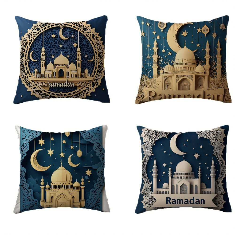 

4pcs Elegant Ramadan Pillowcases - Soft Short Plush With Intricate Lantern, Moon, Star & Mosque Designs, 17.7" X 17.7", Zippered, Machine Washable - Ideal For Sofa & Bed Decoration, Ramadan Decor