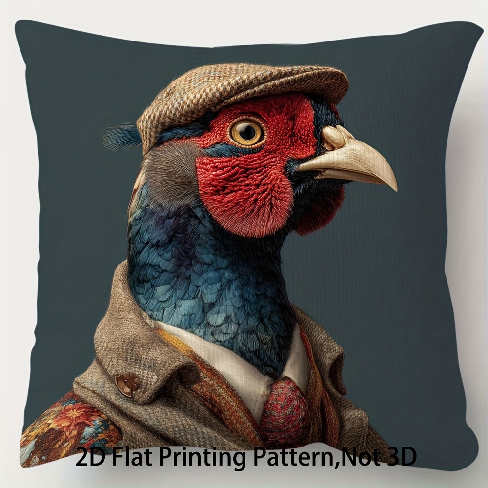 TEMU 1pc, Short Plush Decorative Pillowcase, Fun Pheasant Pattern Quirky Retro Style Fashion Pillowcase 45cm X 45cm, Single-sided Printing, Suitable