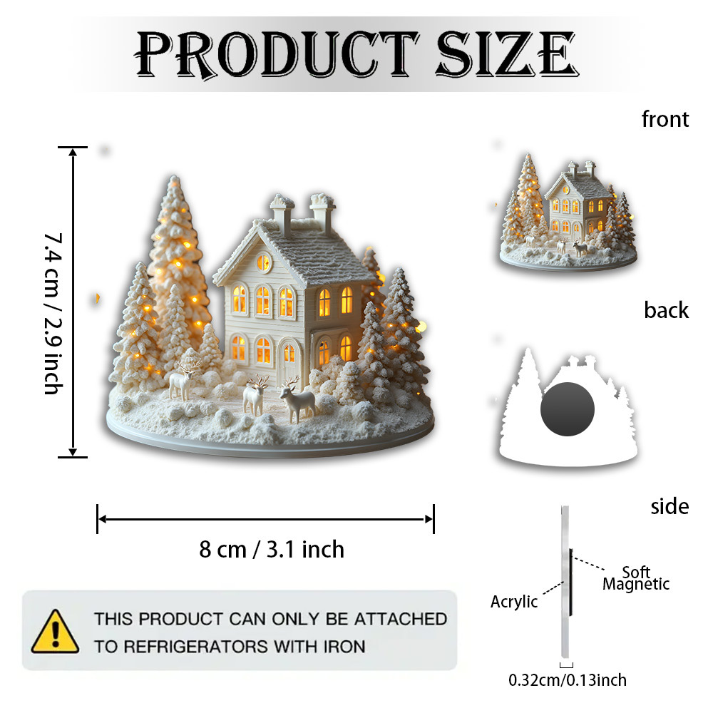 TEMU 1 Large Christmas Village Magnet - 2d Flat Acrylic Snow Scene Cottage With Warm Fairy Lights And Reindeer Decorations, Self- Winter Scene,
