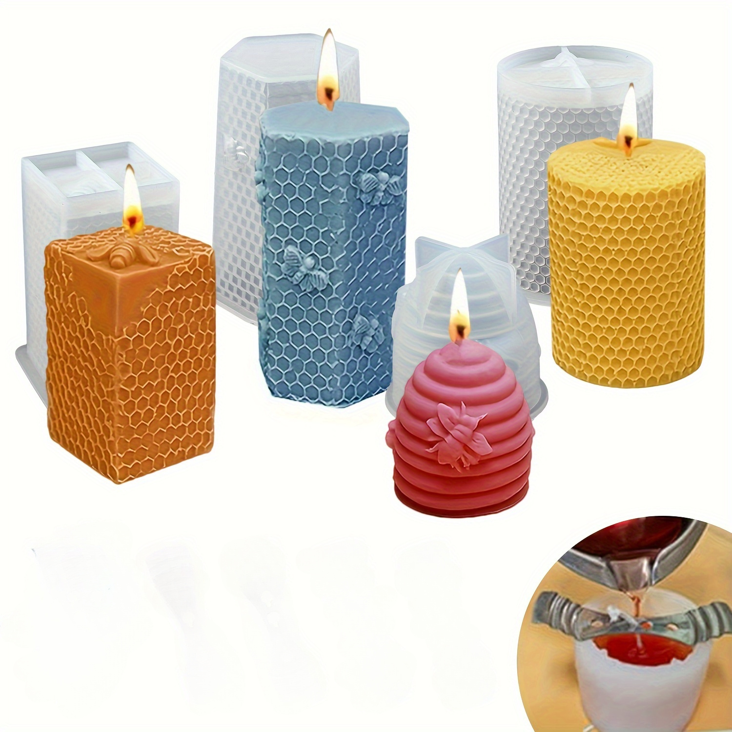 

4pcs Silicone Candle Molds Set, Cylinder & Beehive Honeycomb Design, For Diy Candle Making, Clay, Resin, Wax Crafting Kit With No Power Supply Needed