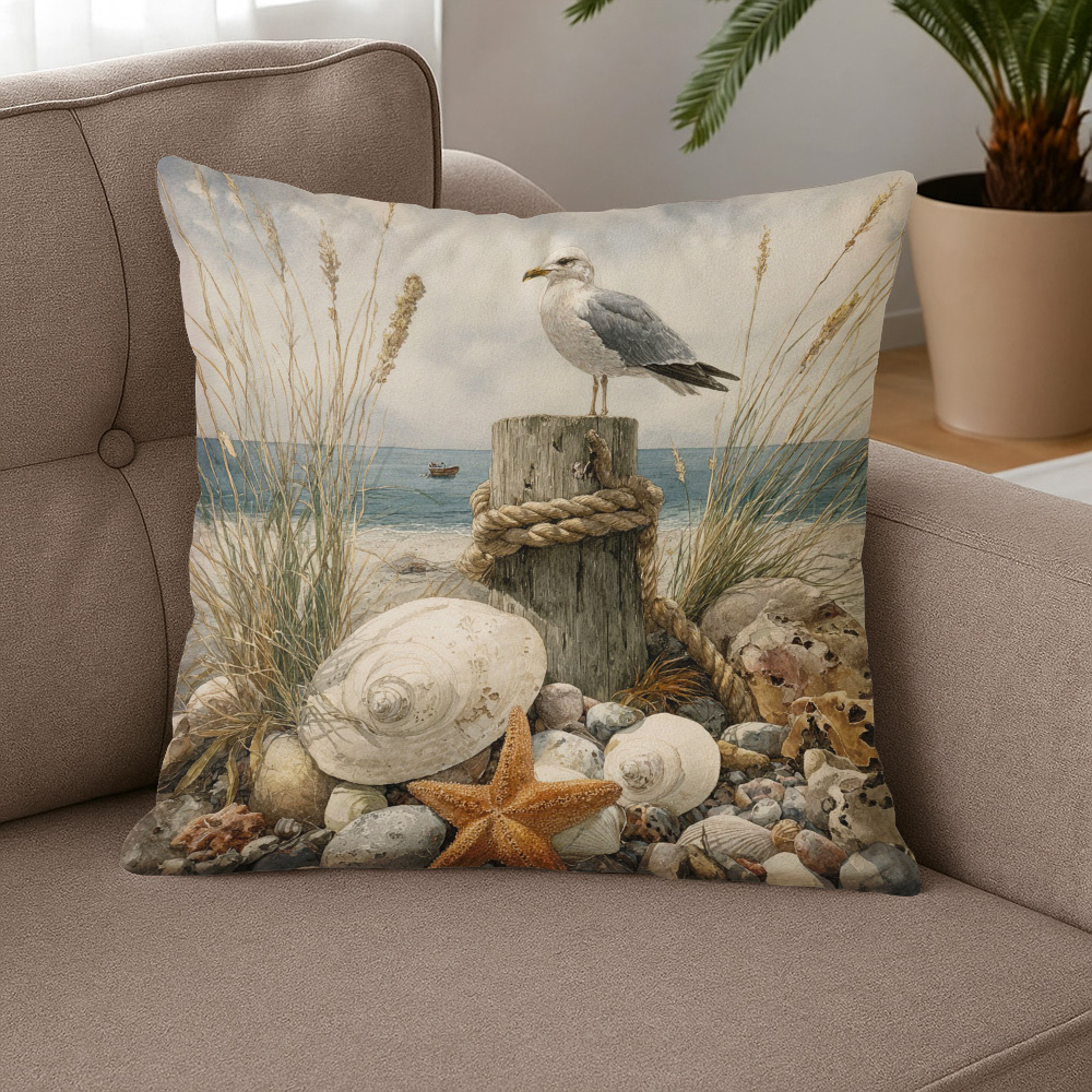 TEMU 1pc Coastal Beach Seagull & Shoreline Throw Pillow Cover - 18x18 Inch (45x45cm) Soft Plush Decorative Cushion Cover With Zipper Closure, Beige &