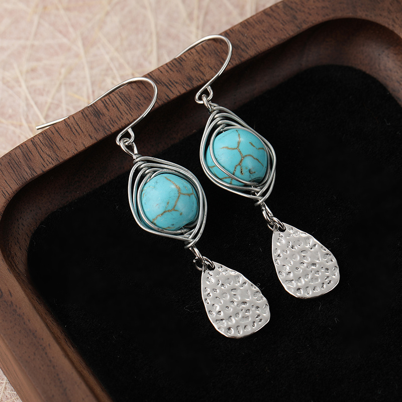 Boho Western Synthetic Turquoise Leaf Drop Earrings