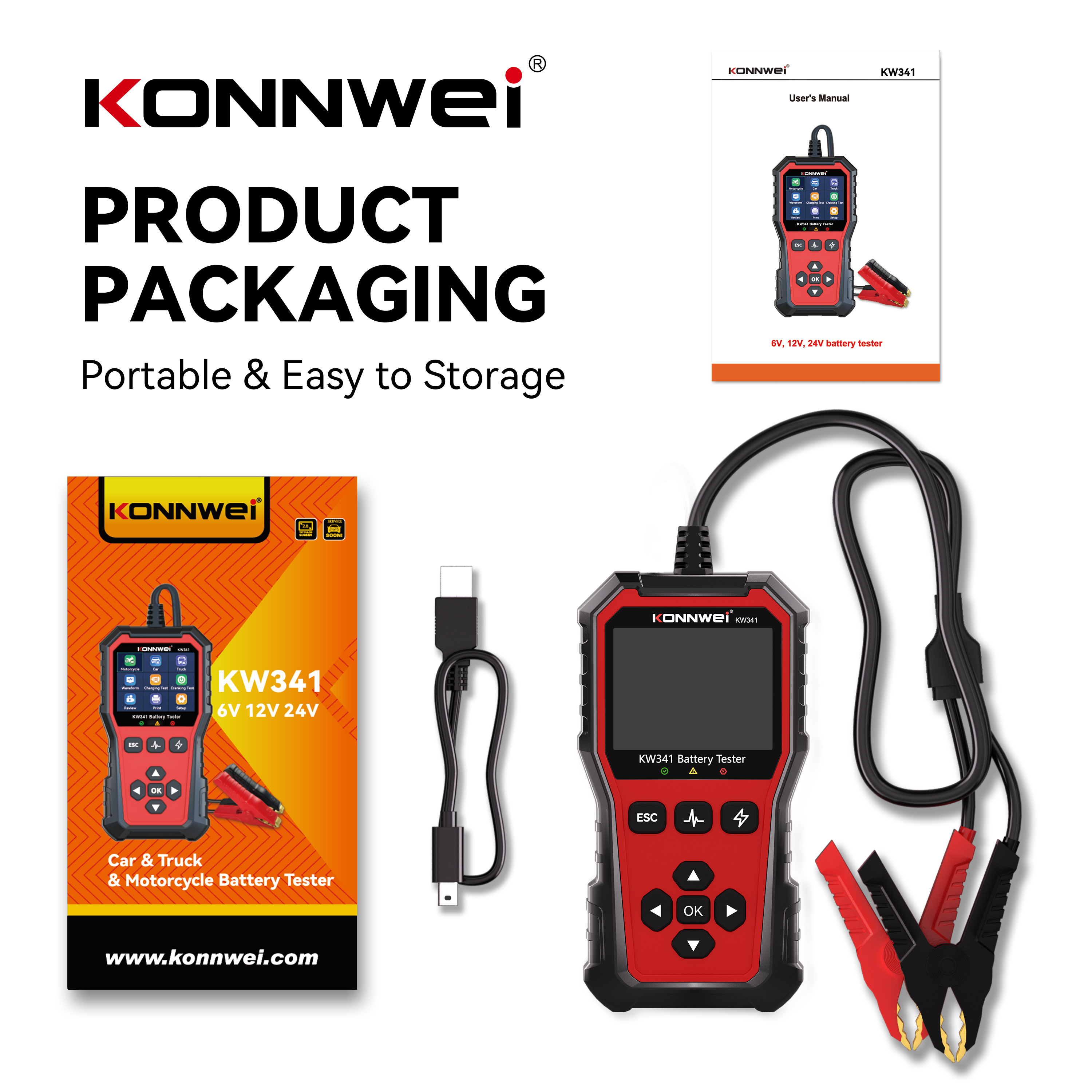 TEMU Konnwei Kw341 Car Battery Tester Charging Diagnostic 6v 12v 24v With Printer 10-2000cca Cranking Charging Test Tool Battery Analyzer Cranking