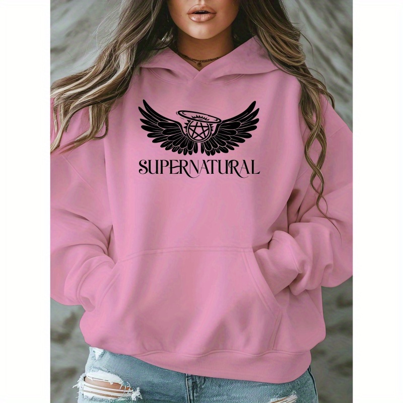 

[ Style] Plus Size "supernatural" Graphic Hoodie For Women - Cozy Polyester Casual Pullover With Pockets, Long Sleeves, And Winged Design - Fall/winter, Oversized Hoodie